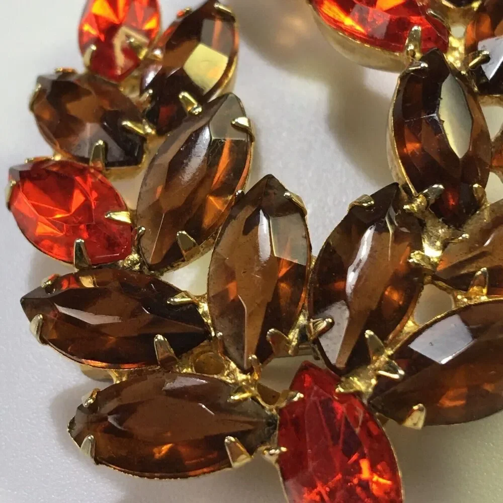 Vintage Glass Rhinestone Brooch Brown Topaz Color & Orange Navettes